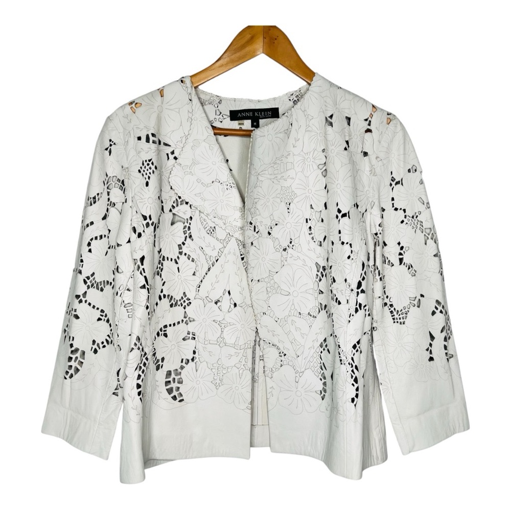 Anne Klein White Laser-Cut Floral Leather Jacket - Picture 11 of 11